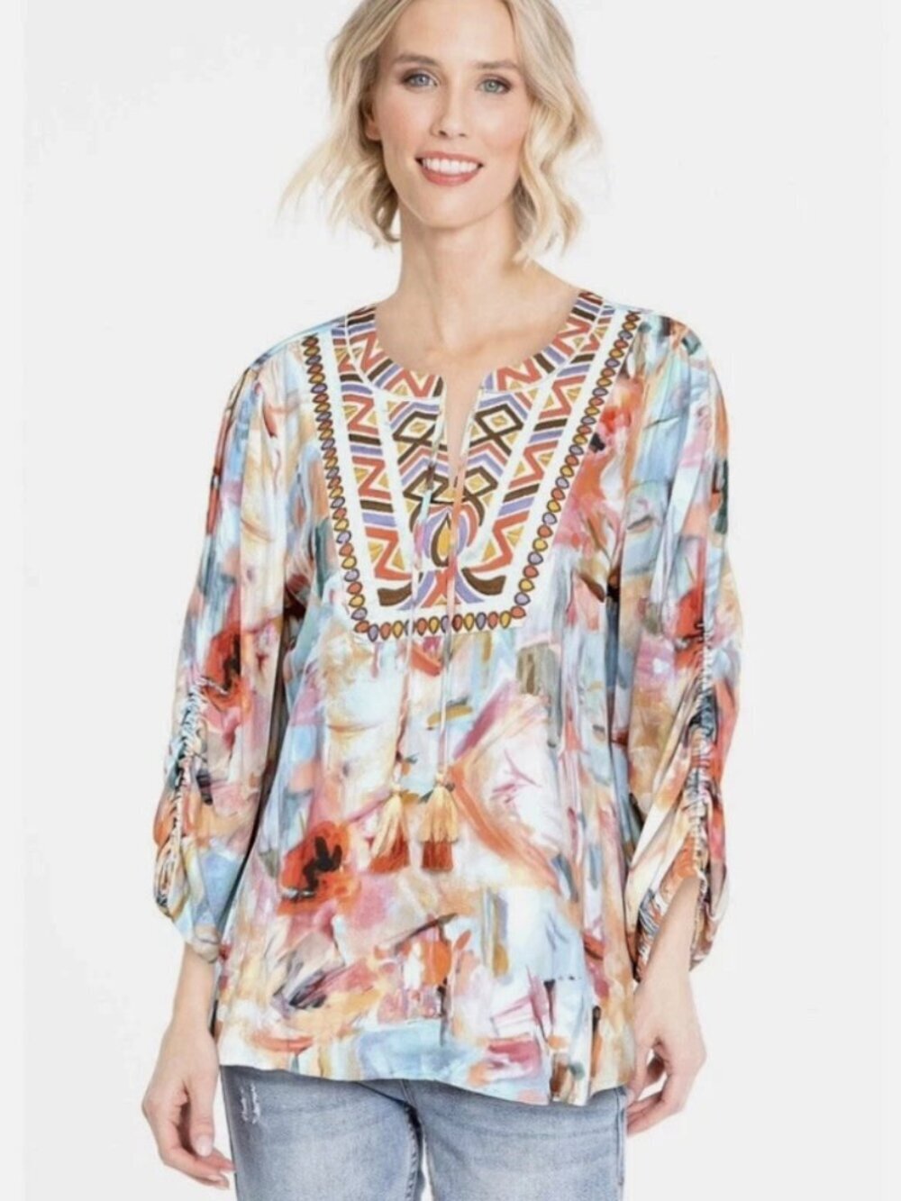 John Mark Boho Multicolor Watercolor Embroidered Peasant Blouse Sz S Tribal Trim